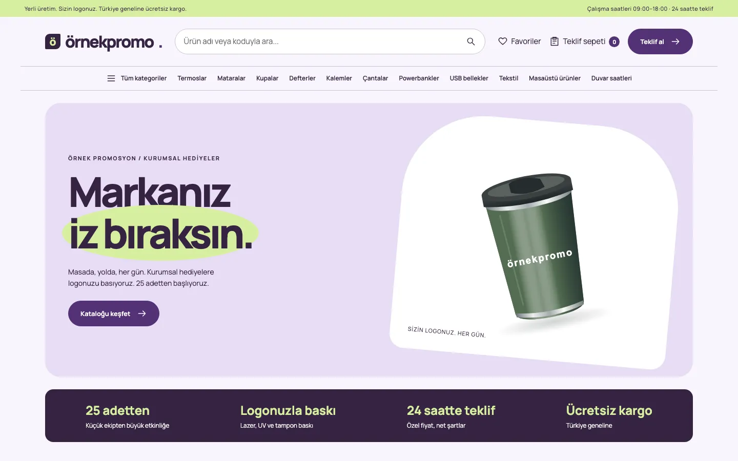 Amethyst tasarımı ana sayfa: kategori menüsü, arama, teklif sepeti ve öne çıkan termos ürünü
