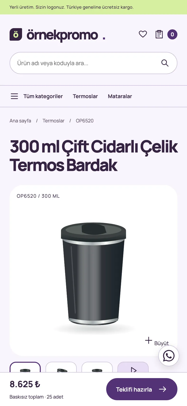 Amethyst tasarımı ürün sayfası, mobil görünüm: fiyat bantları, renk seçimi ve teklif sepetine ekle butonu